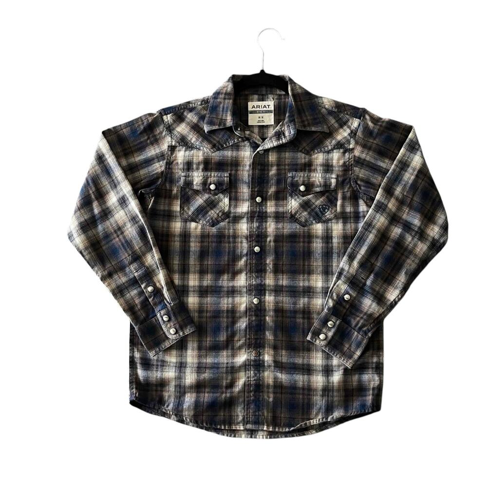 Ariat Men's Retro Fit Pearl Snap Western Shirt Brown Blue Plaid Cotton Size M